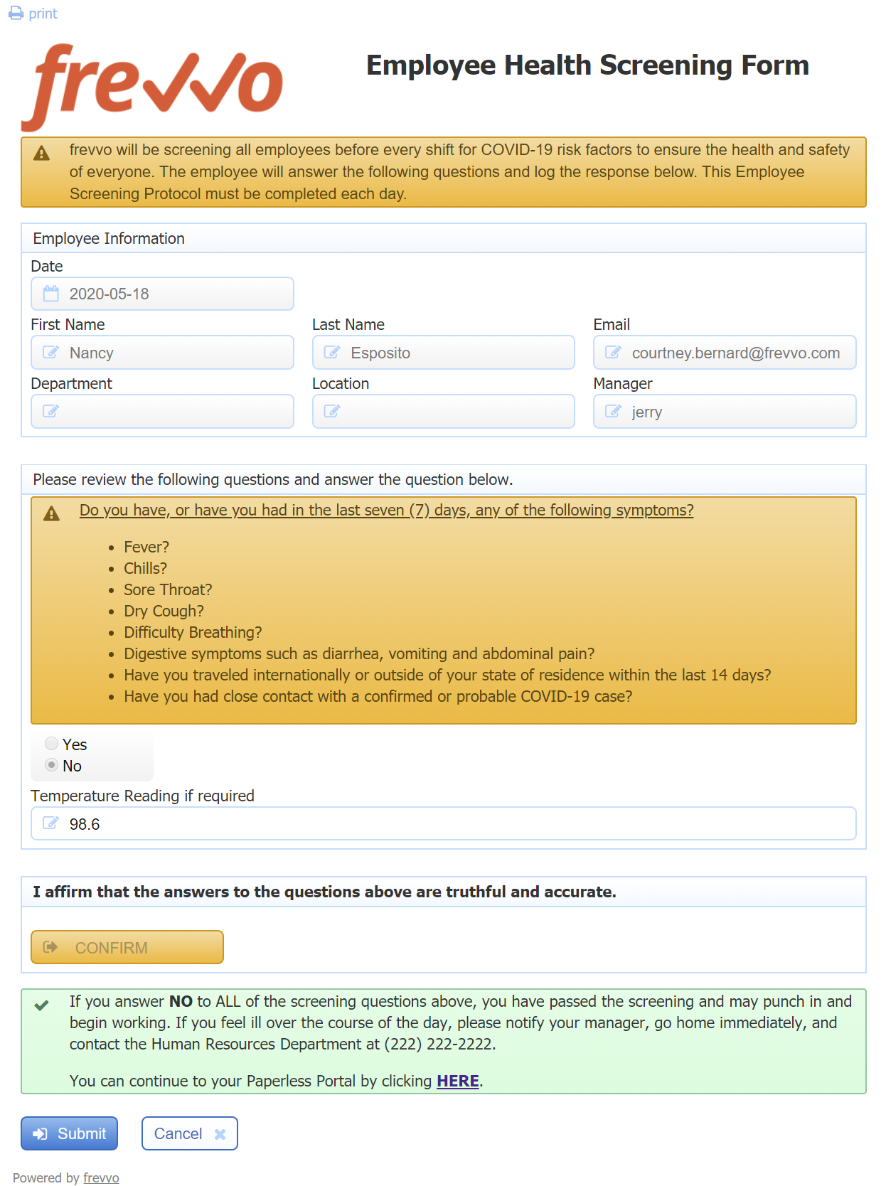 New Form Template Available COVID 19 Employee Health Screening 